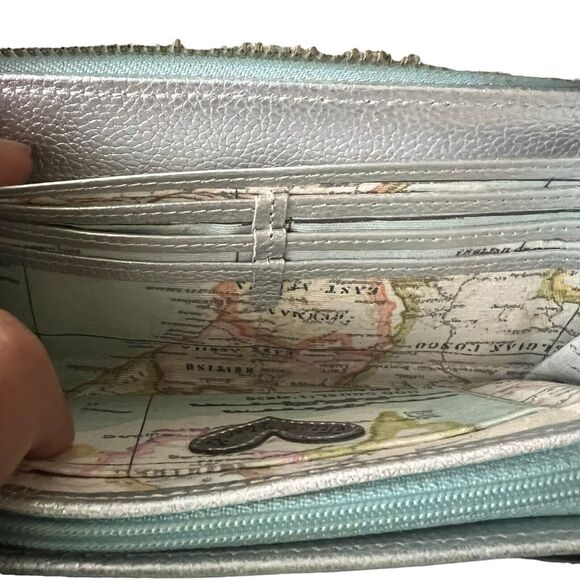 Think Bee Japanese World Map Globe Long Wallet Zip Up Coated Canvas Light Blue - Picture 4 of 16